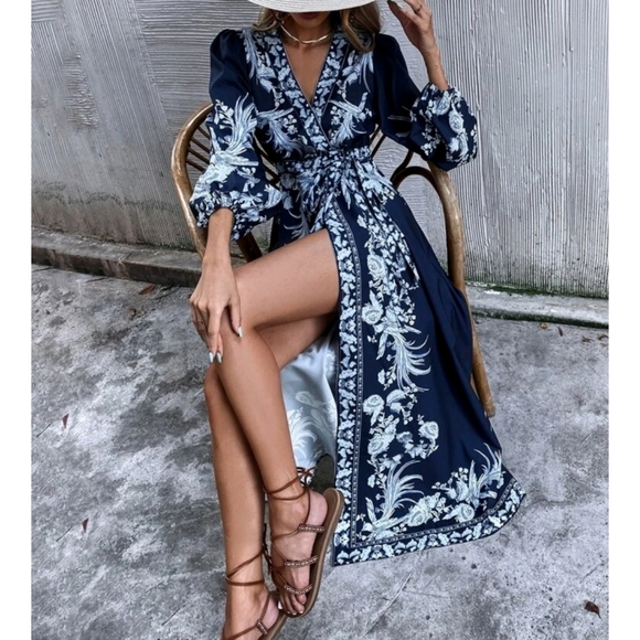 Boho Plants Print V Neck Belted Wrap Dress - Picture 4 of 9